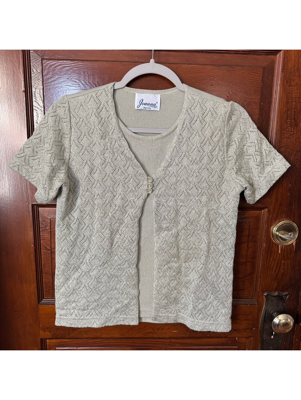 VTG 90s Cottagecore Feminine Sage Green Short Sleeve Open Work Knit Top Size S